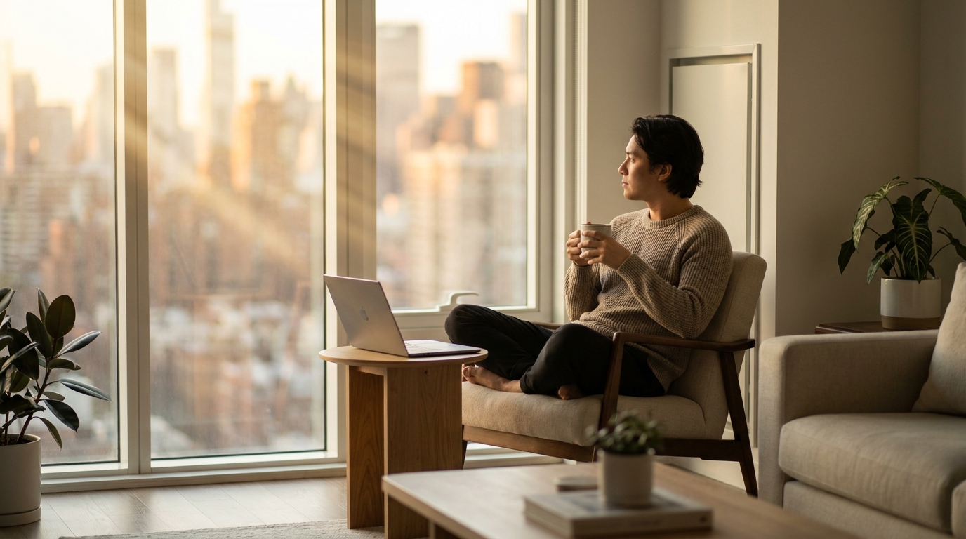 Professional calmly reviewing a job offer on a laptop by a window at golden hour