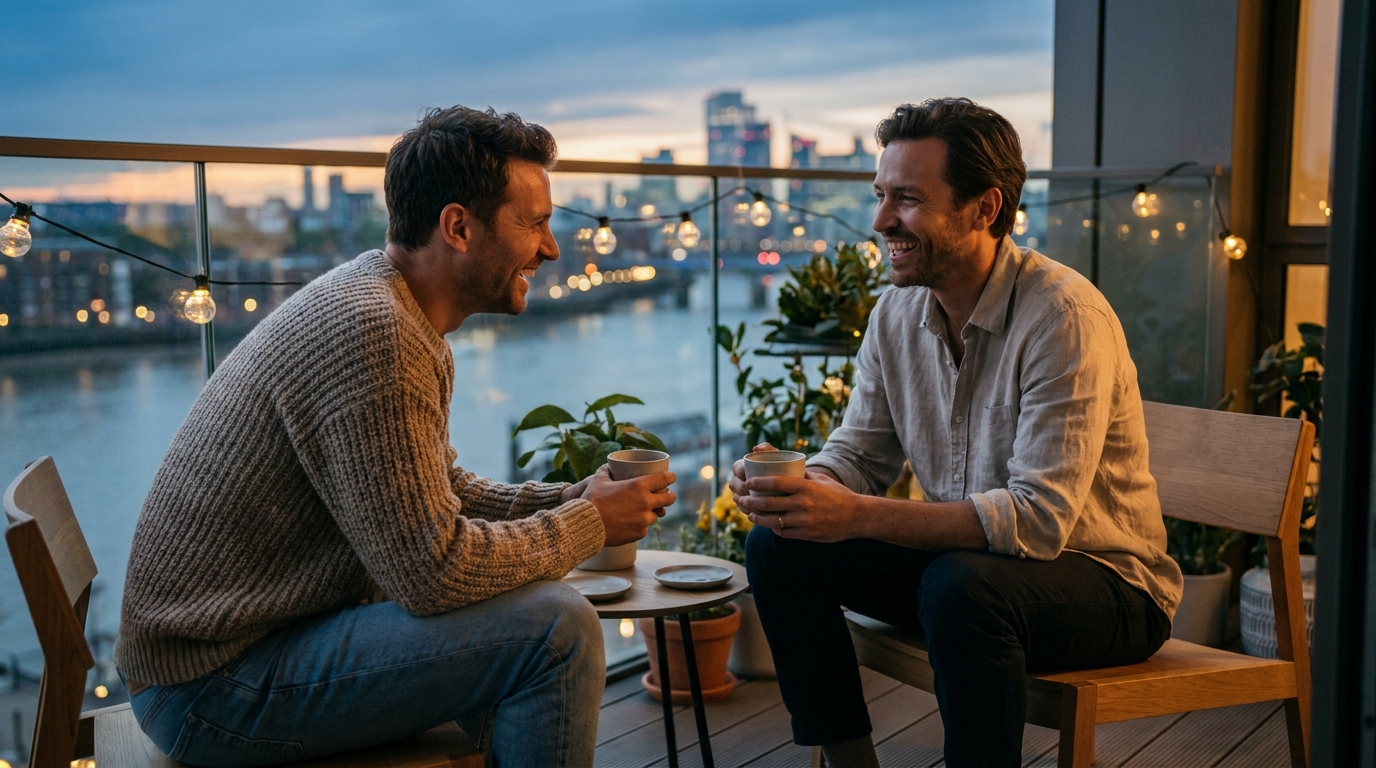 Two friends talking over coffee on a city balcony at dusk
