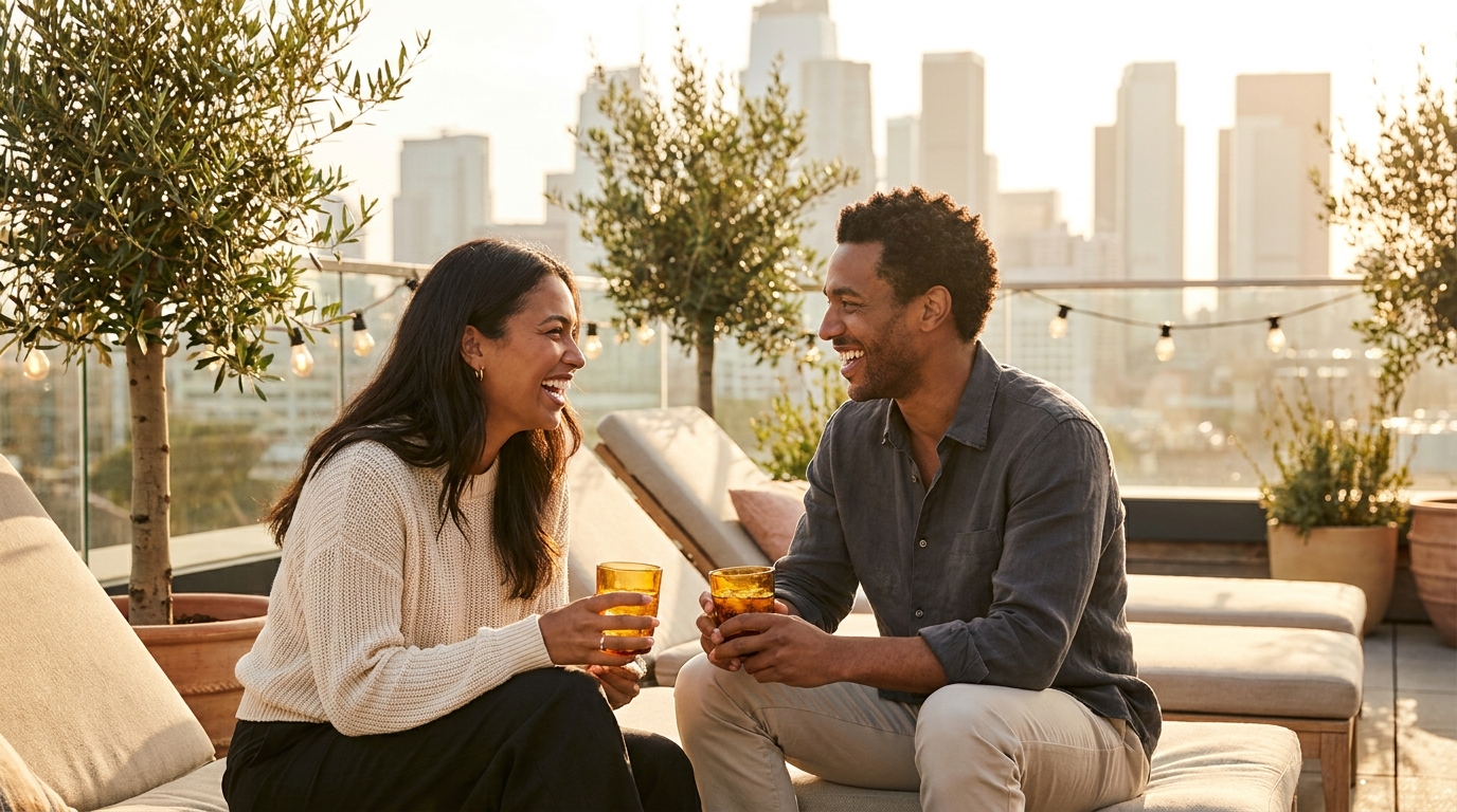 Deux amis se détendant sur une terrasse en rooftop à l'heure dorée, la skyline de la ville derrière eux