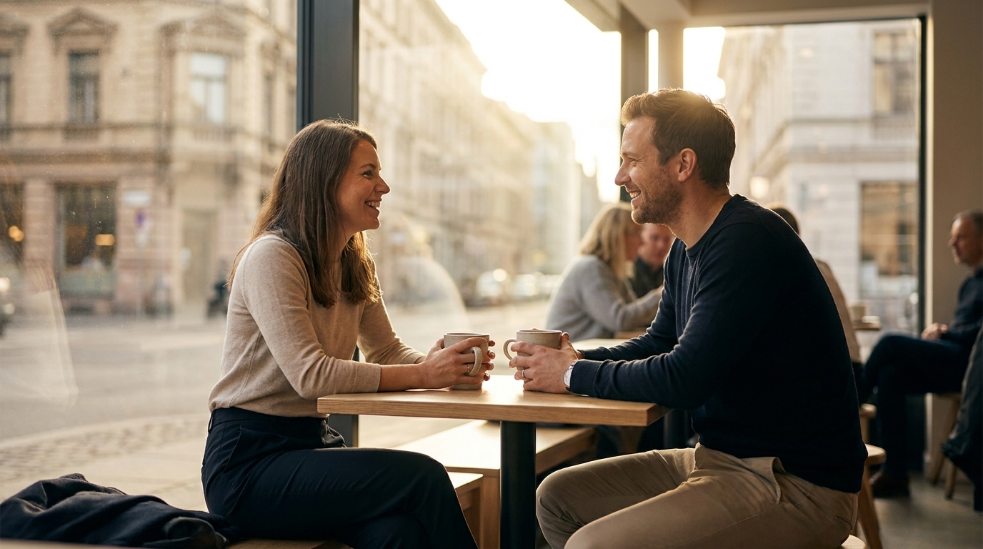 Deux professionnels discutent calmement autour d'un café près d'une fenêtre à l'heure dorée