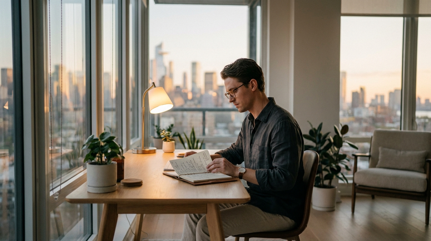 Personne examinant ses notes à un bureau minimaliste avec vue sur la ville au crépuscule