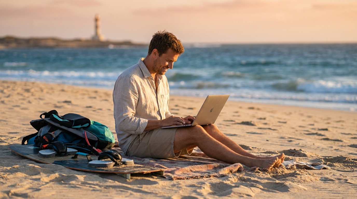 Relaxed professional reviewing options on a laptop beside kitesurf gear on a sunny beach at golden hour