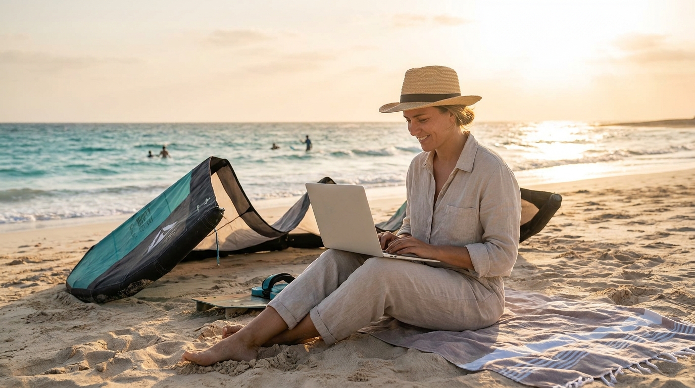 Relaxed professional reviewing job offers on a laptop at a sunny beach with kitesurf gear beside them