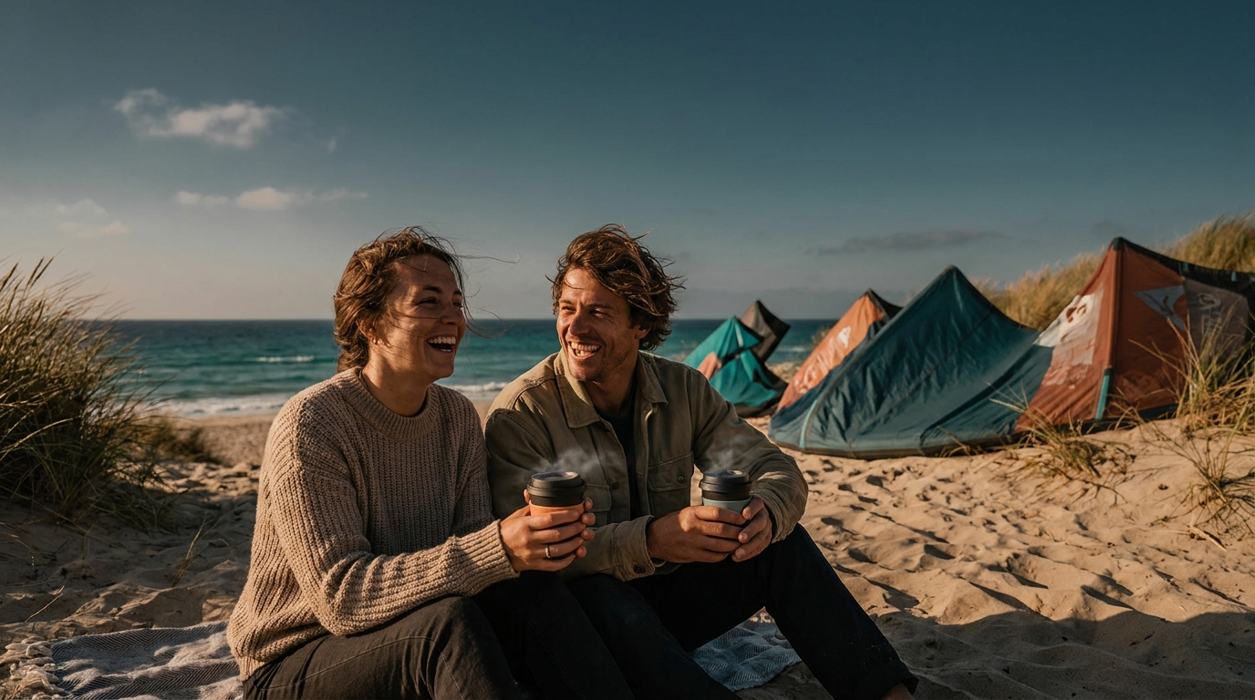 Two friends talking over coffee on a windswept sunny beach, kitesurf kites drying in the background