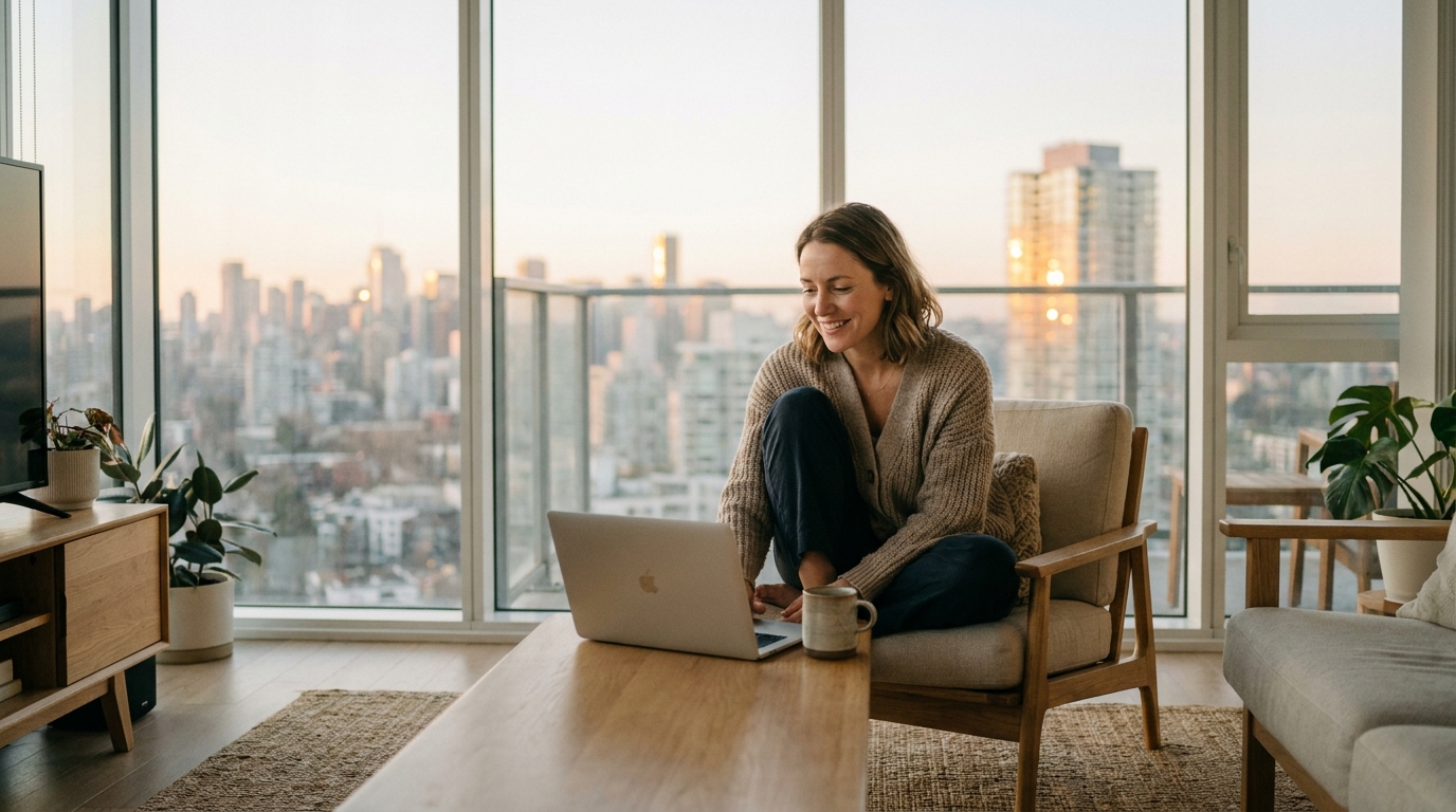 Professional woman reading on a laptop by a window at golden hour in a calm premium living room