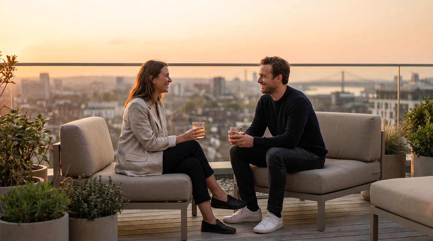 Two friends relaxing on a rooftop terrace at sunset talking over drinks