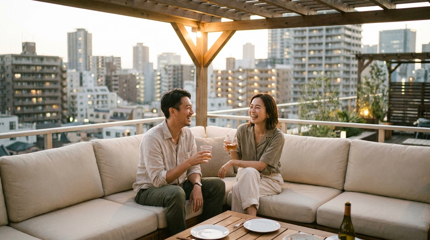 Deux amis se détendant sur une terrasse en rooftop au crépuscule, avec les lumières de la ville