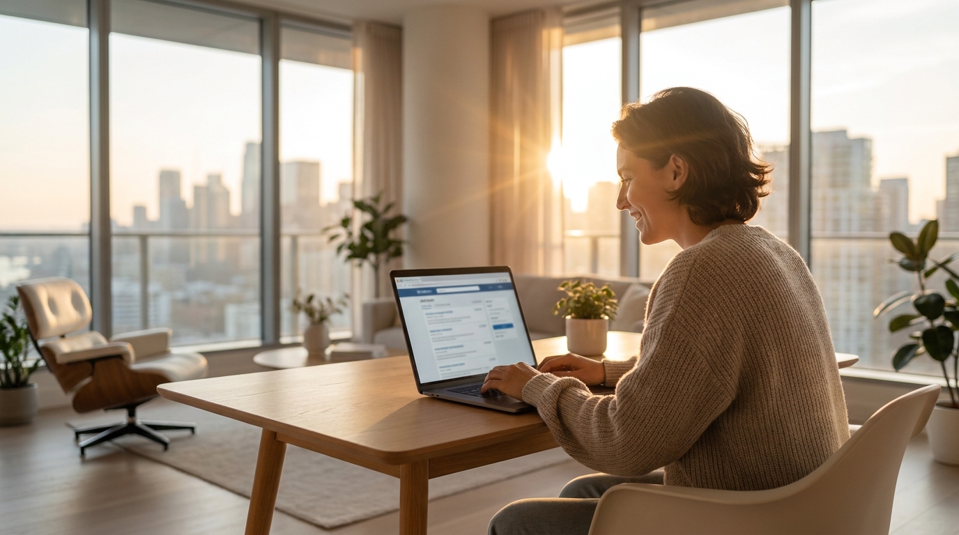 Personne consultant des offres d'emploi sur un ordinateur portable à un bureau minimaliste et apaisé, à l'heure dorée