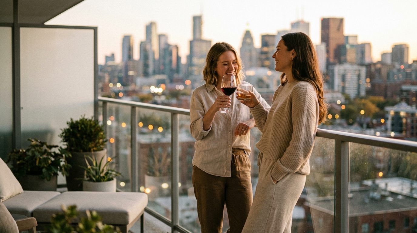 Deux amis se détendant sur un balcon avec la ligne d'horizon de la ville au crépuscule, après le travail