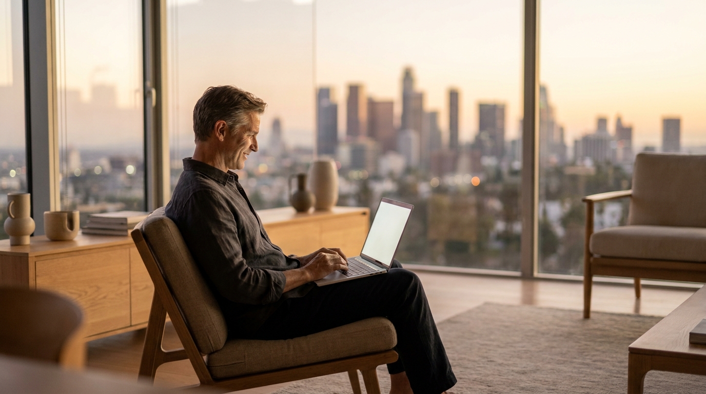 Relaxed executive working on a laptop by large windows in a minimalist living room at golden hour