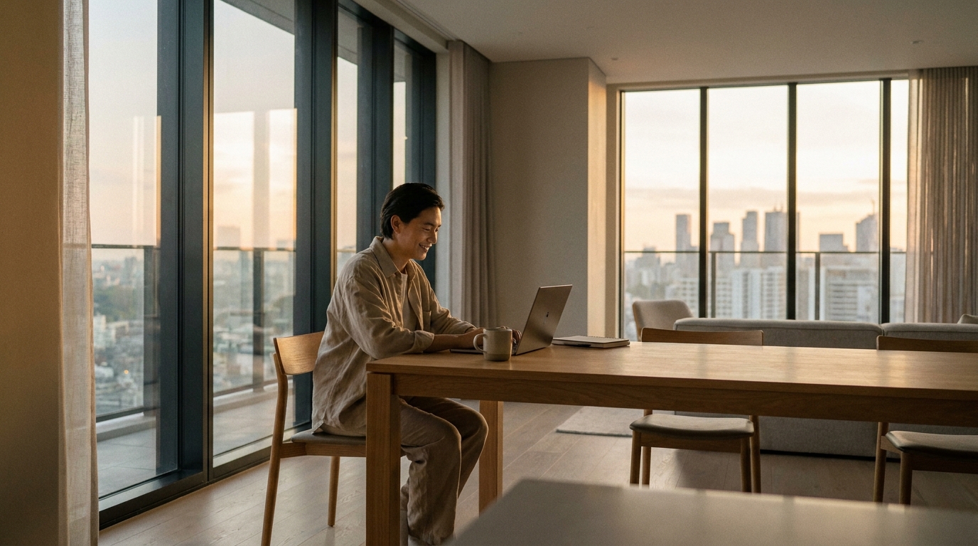 A relaxed professional reviewing a laptop at a minimalist desk by large windows at golden hour