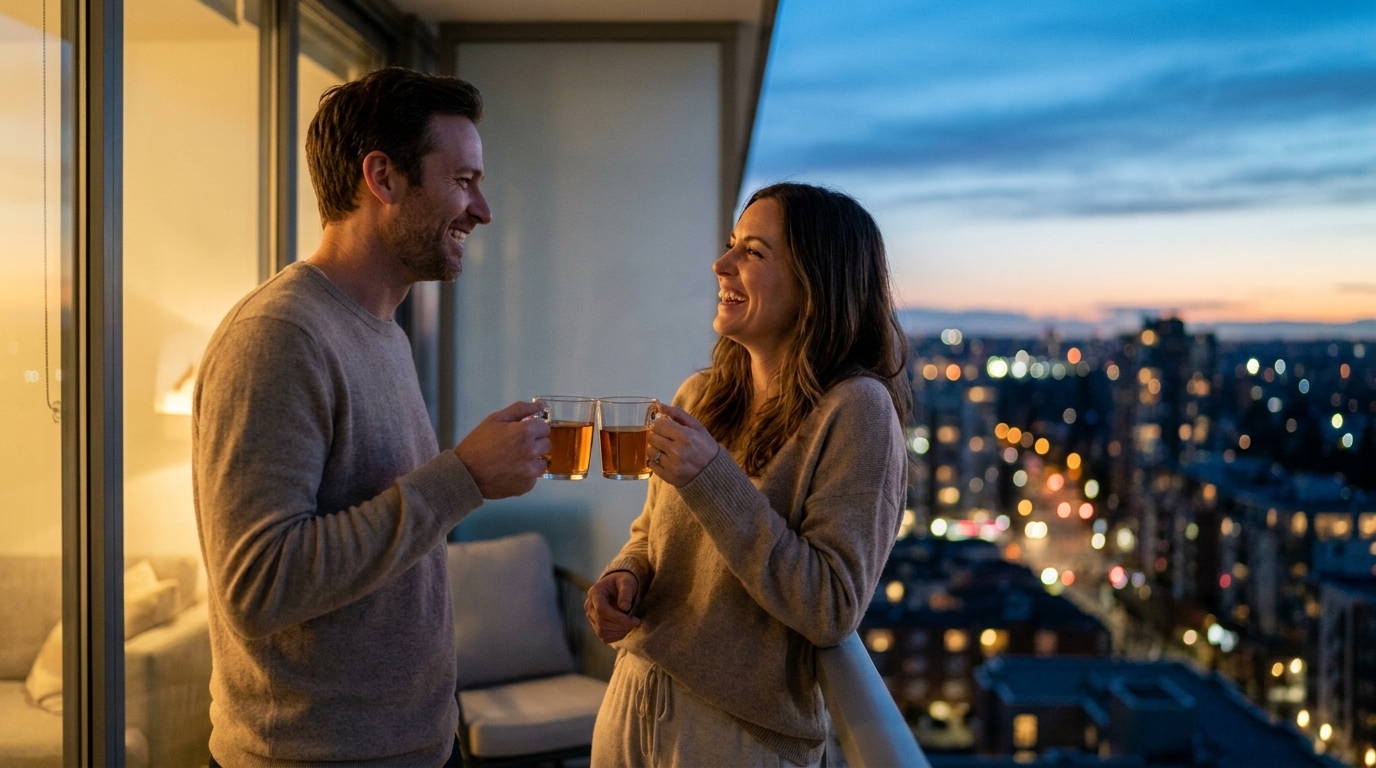 Two friends talking and laughing on a balcony overlooking a calm city skyline at dusk