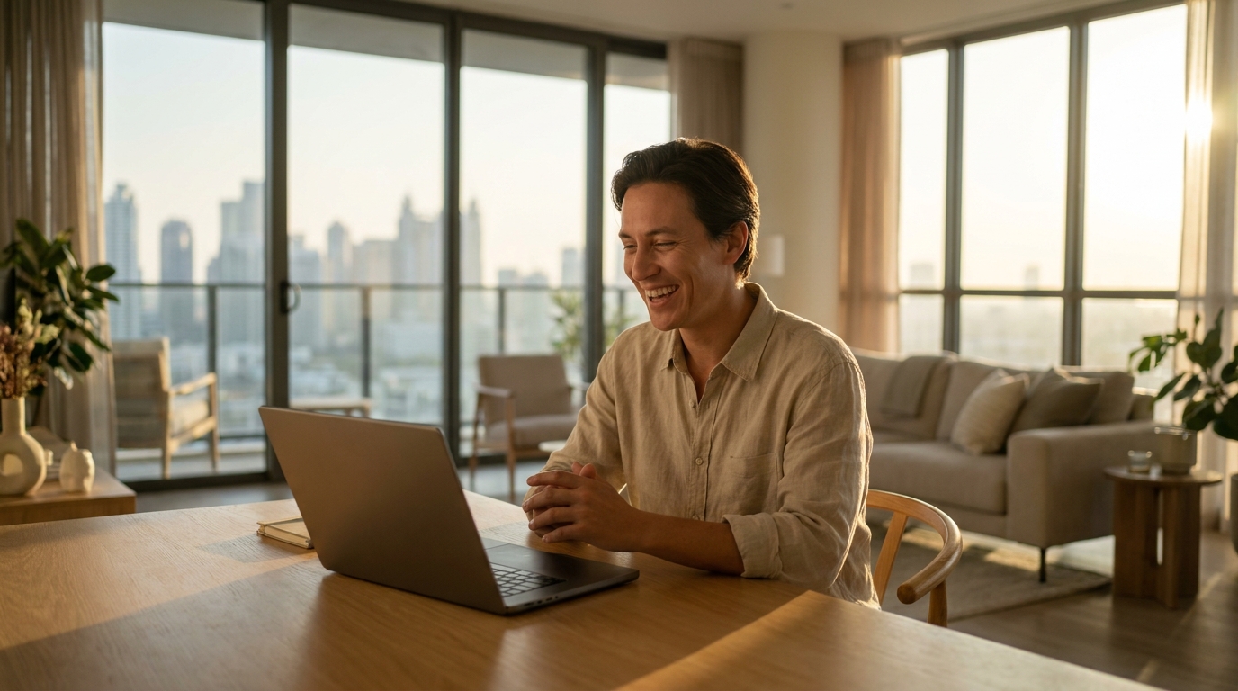 Confident professional on a video call at a minimalist desk near city-view windows at golden hour