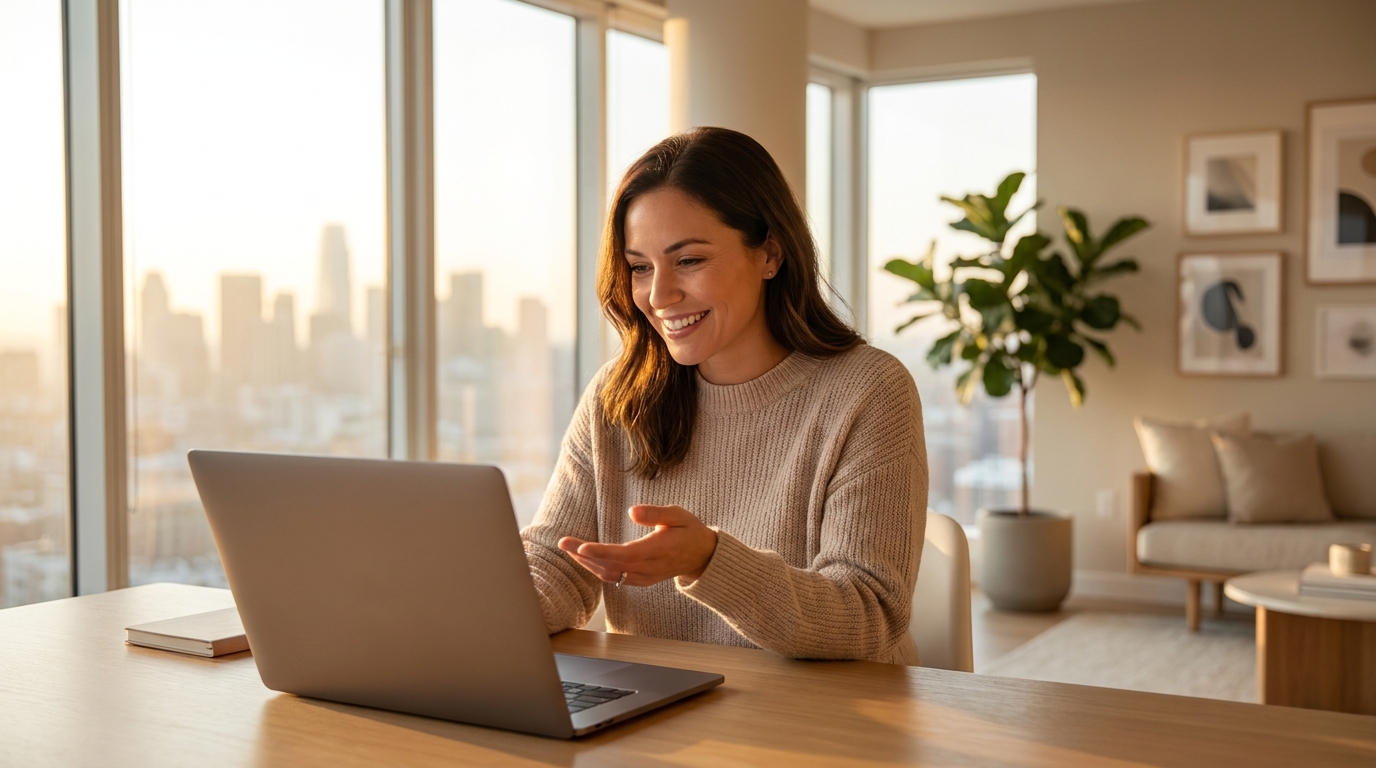 A relaxed professional in a calm minimalist home office at golden hour, speaking to a laptop during a video call