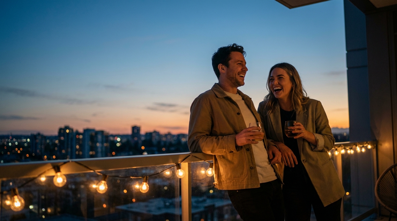 Two friends laughing over drinks on a city balcony at dusk, unwinding after a productive day