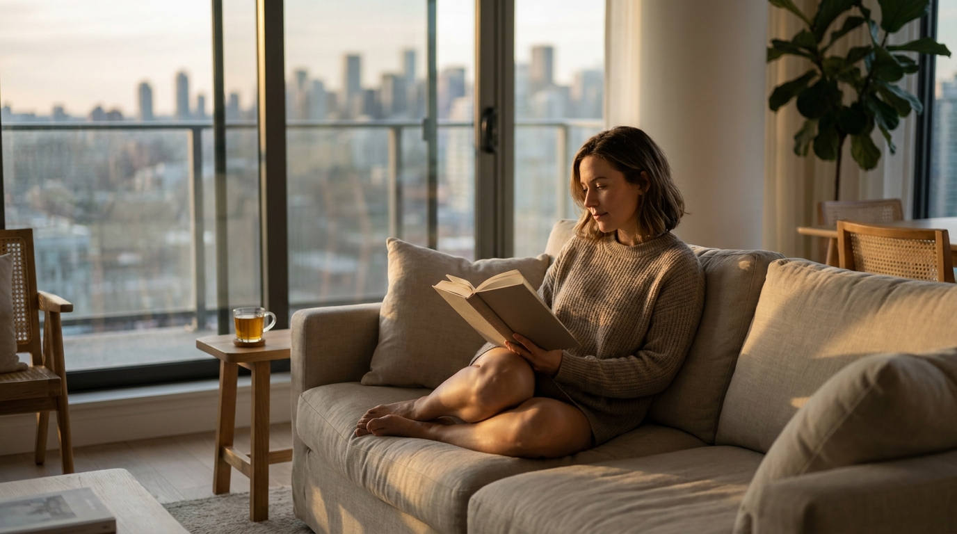 Un professionnel détendu lisant sur un canapé à l'heure dorée dans un appartement minimaliste avec vue sur la ville