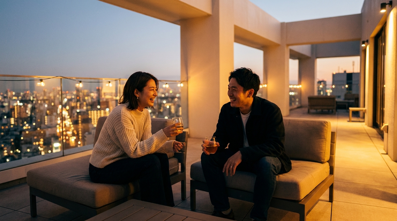 Deux amis se détendant sur une terrasse en toit-terrasse au crépuscule avec la ligne d'horizon de la ville