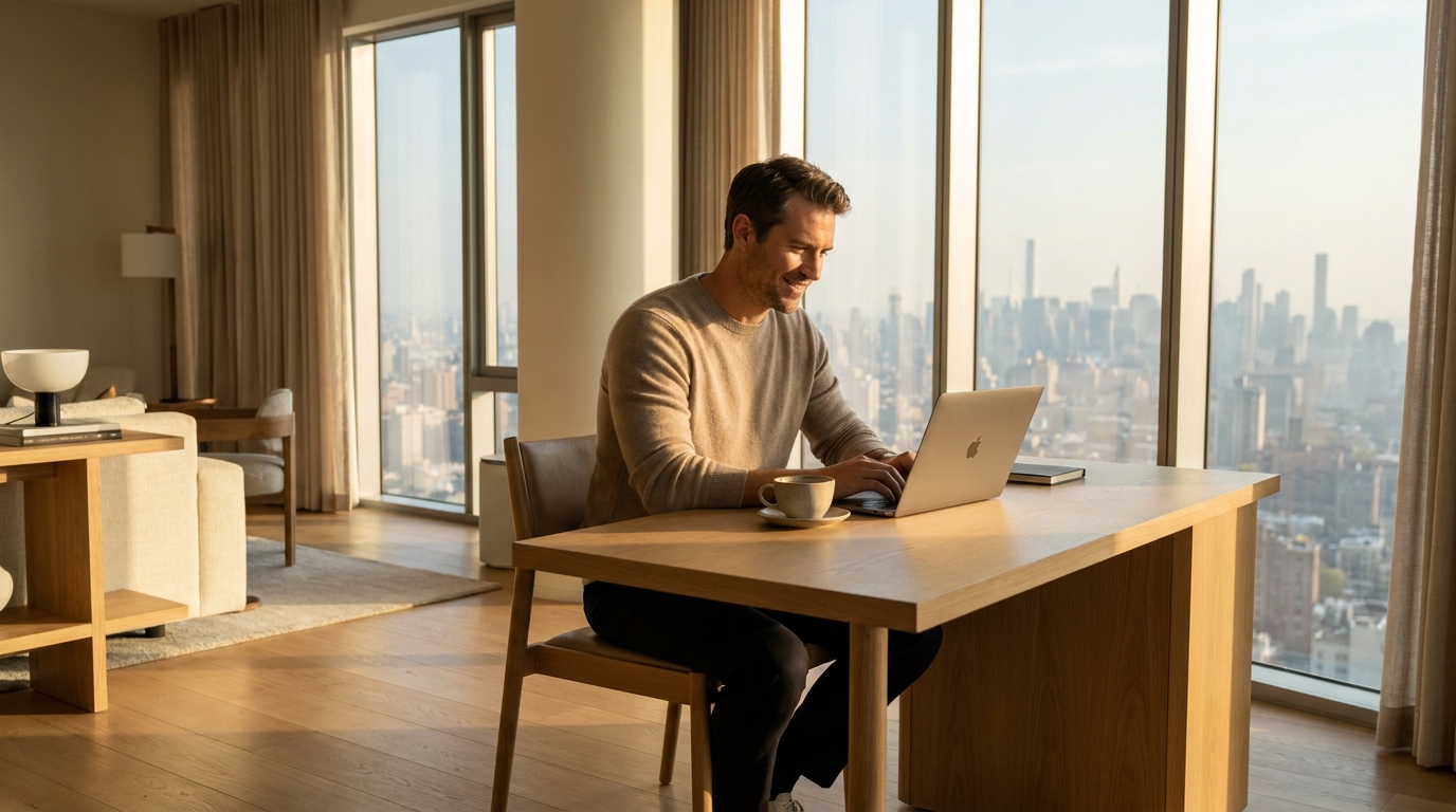 Professionnel travaillant calmement à un bureau minimaliste près d'une fenêtre à l'heure dorée