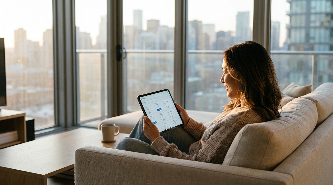 Personne examinant calmement des offres d'emploi sur une tablette à la maison à l'heure dorée