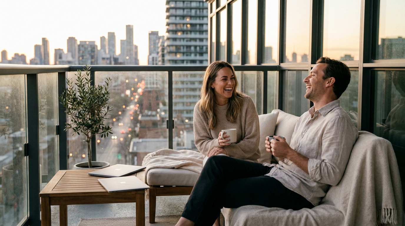 Deux amis se détendant sur un balcon au crépuscule avec les lumières de la ville, ordinateurs fermés