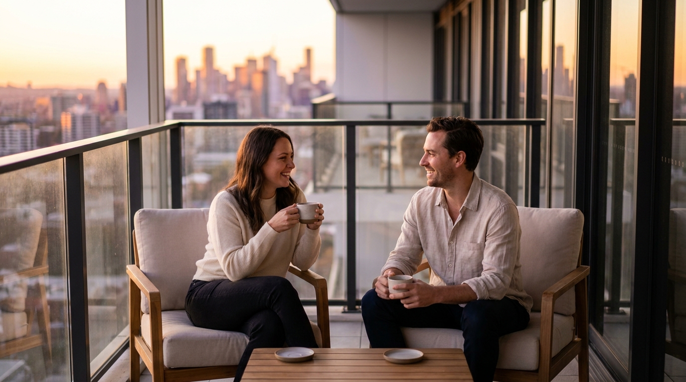 Deux amis discutant autour d'un café sur un balcon au coucher du soleil, conversation détendue