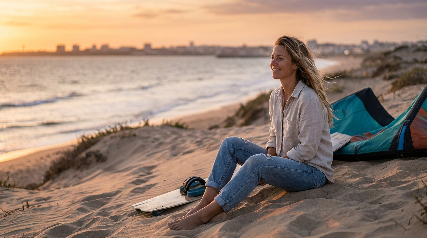 Femme détendue sur la plage à l'heure dorée avec du matériel de kitesurf, calme et confiante