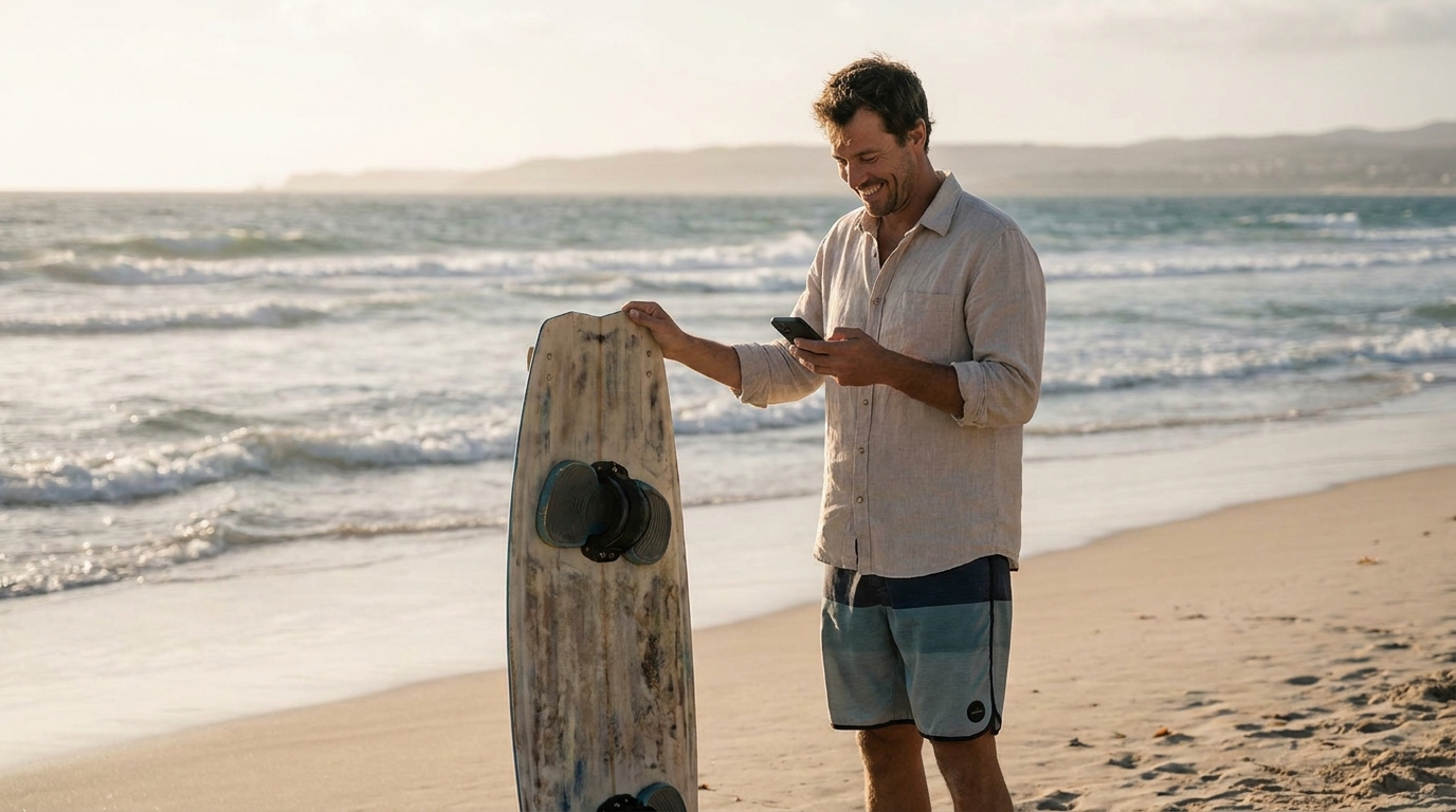 Personne détendue sur une plage ensoleillée avec une planche de kitesurf, consultant calmement son téléphone