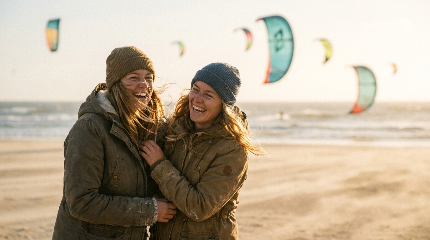 Deux amis riant sur une plage balayée par le vent avec des ailes de kitesurf, libres et détendus